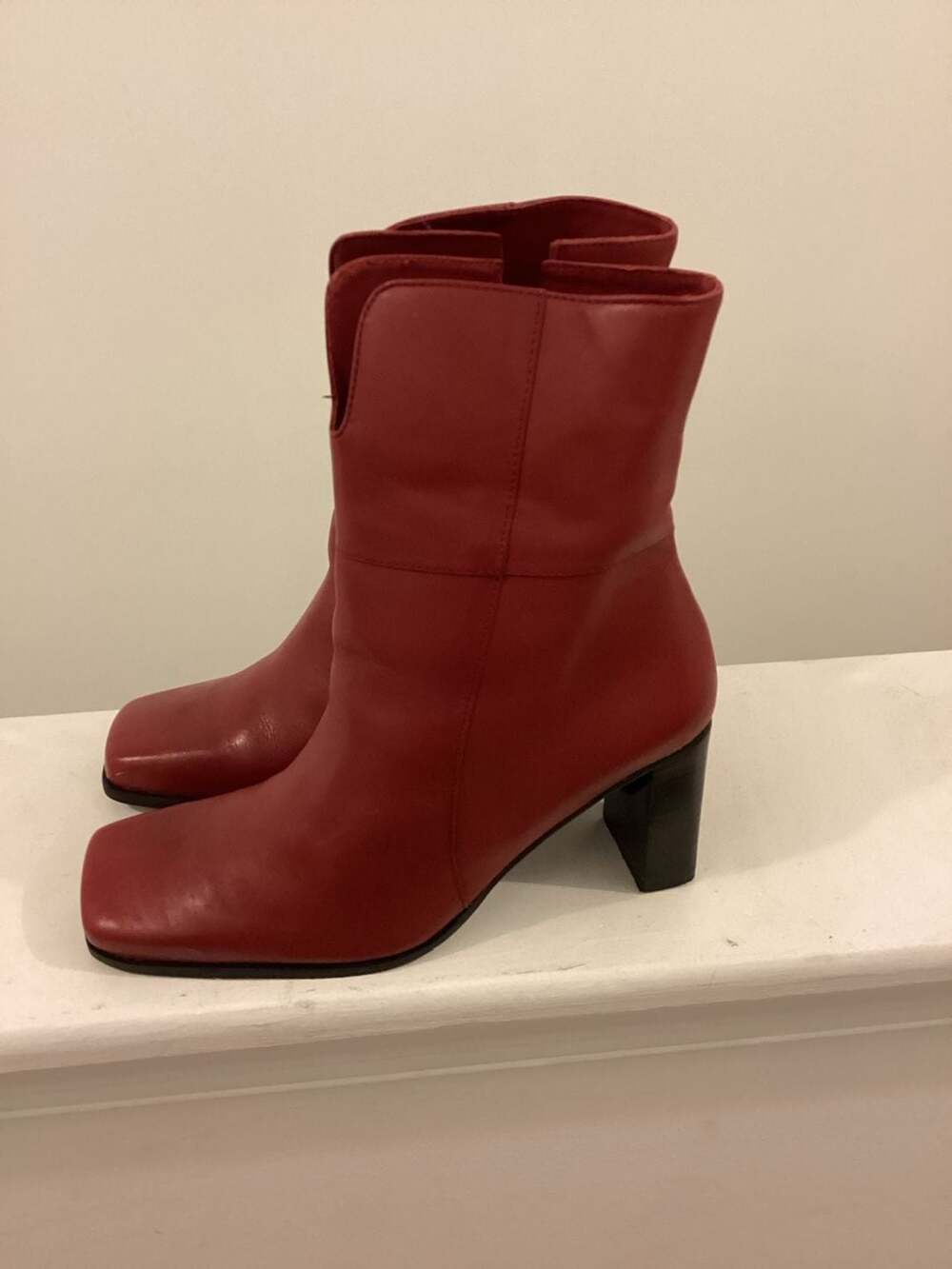 Sandra Red Leather Square Toe Block Heel Ankle Boots - Picture 2 of 7